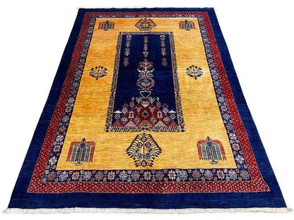Exclusive Qashqai rug with a beige pattern, blue border, red decorative stripes, and fringes