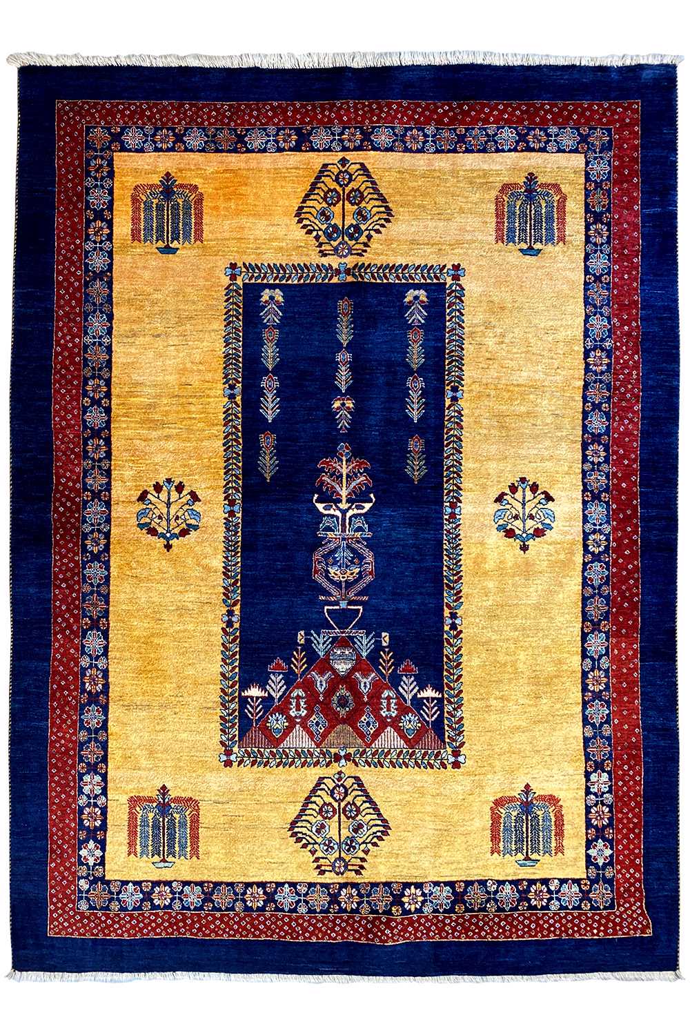 Qashqai exclusive rug with a central blue medallion, golden-yellow fields, and a blue border