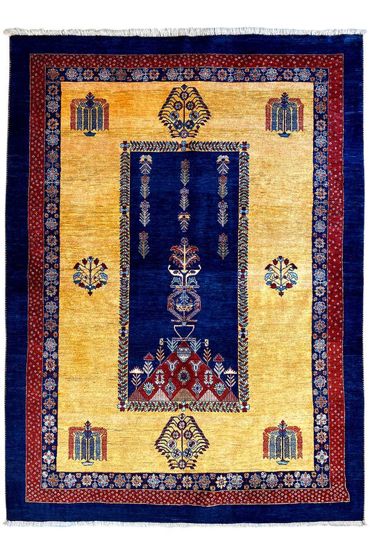 Qashqai exclusive rug with a central blue medallion, golden-yellow fields, and a blue border