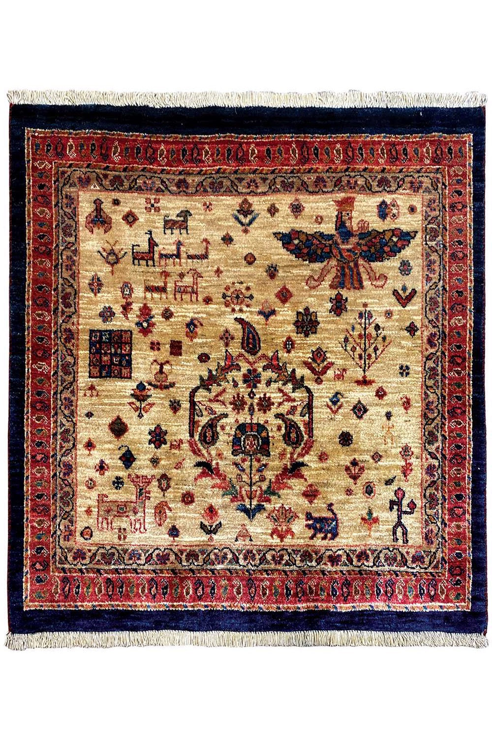 Qashqai exclusive rug with a beige patterned field, red frame and dark blue border