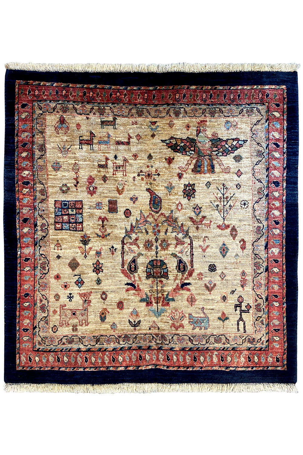 Square rug with medallion pattern, red border, dark edging, and fringe