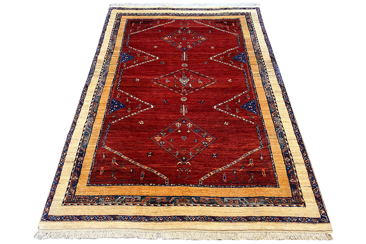 Rug 200x135 cm, red Oriental style with blue-and-white borders and tassels