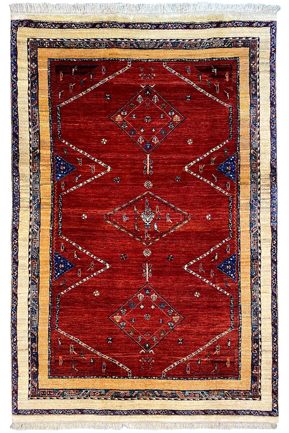 Rug 200x135 cm with a red background, blue border, geometric patterns, and tassels
