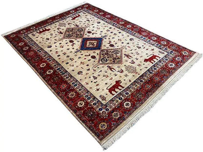 Rug with square medallion, red border, blue decorative element, and fringe