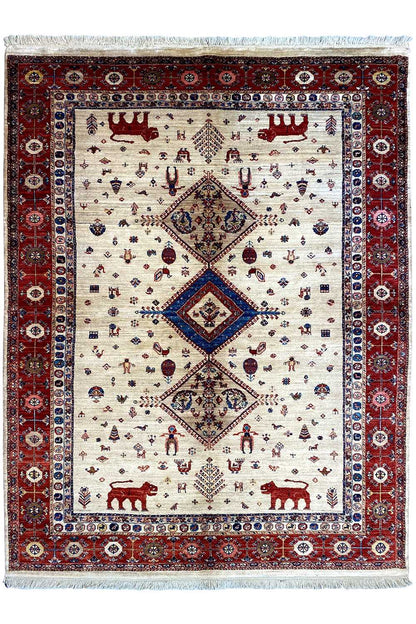 Rug with a central diamond medallion, cream-colored, red border, many small motifs