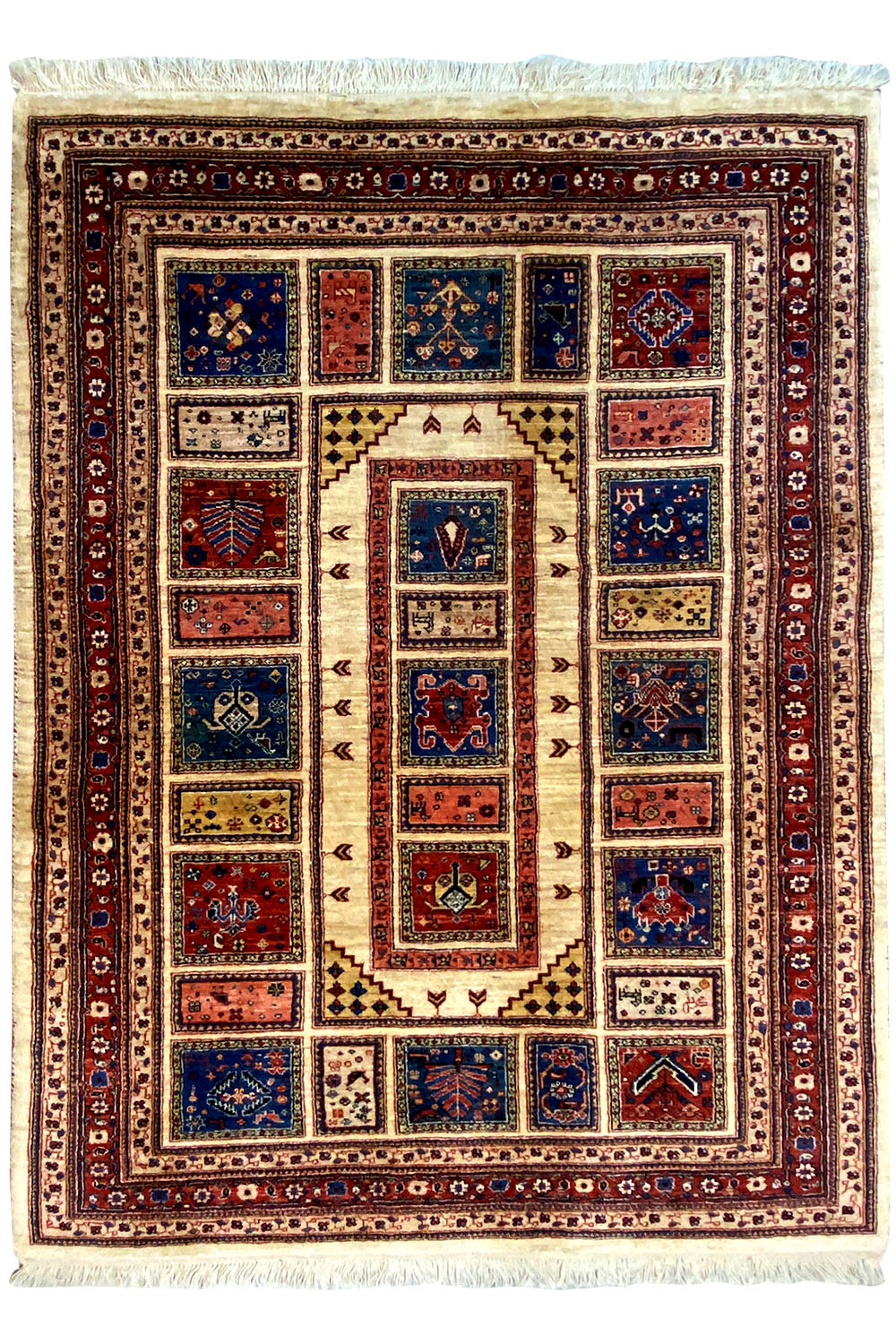 Classic rug with a central medallion and colorful border, fringes on all sides