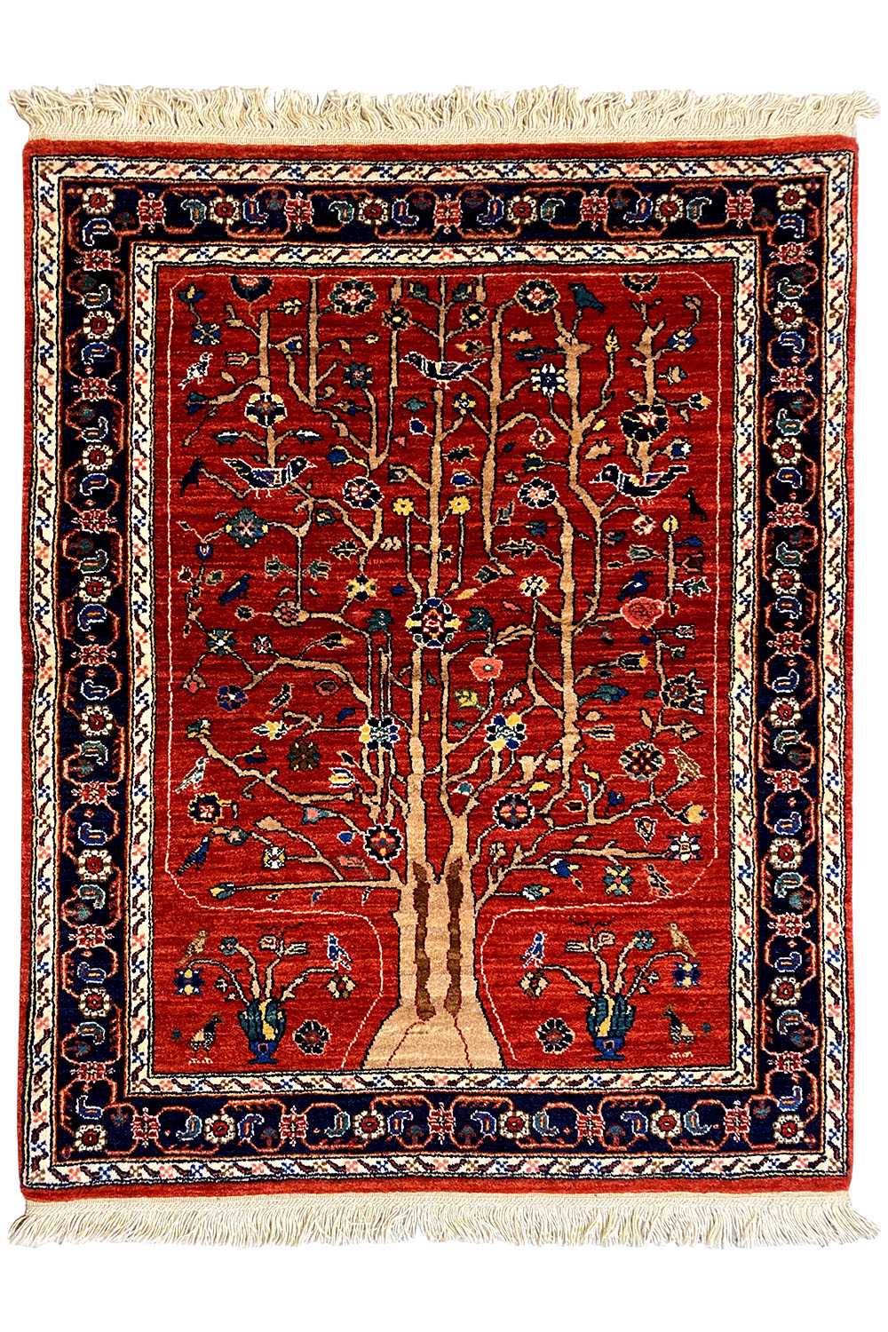 Exclusive Qashqai oriental rug 119x94 cm, red medallion design, border, fringes