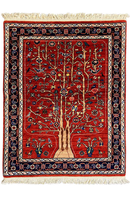 Exclusive Qashqai oriental rug 119x94 cm, red medallion design, border, fringes