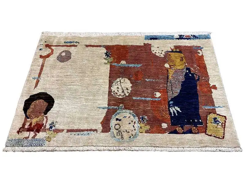 Oriental rug 150x100 cm with figurative and symbolic motifs, red and blue color fields