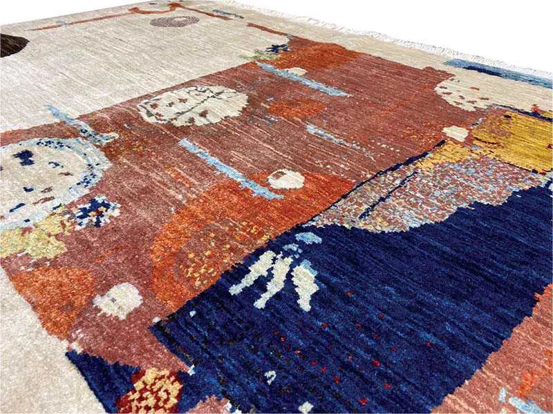 Oriental rug 150x100 cm, close-up with a blue field featuring figures and a rust-brown pattern
