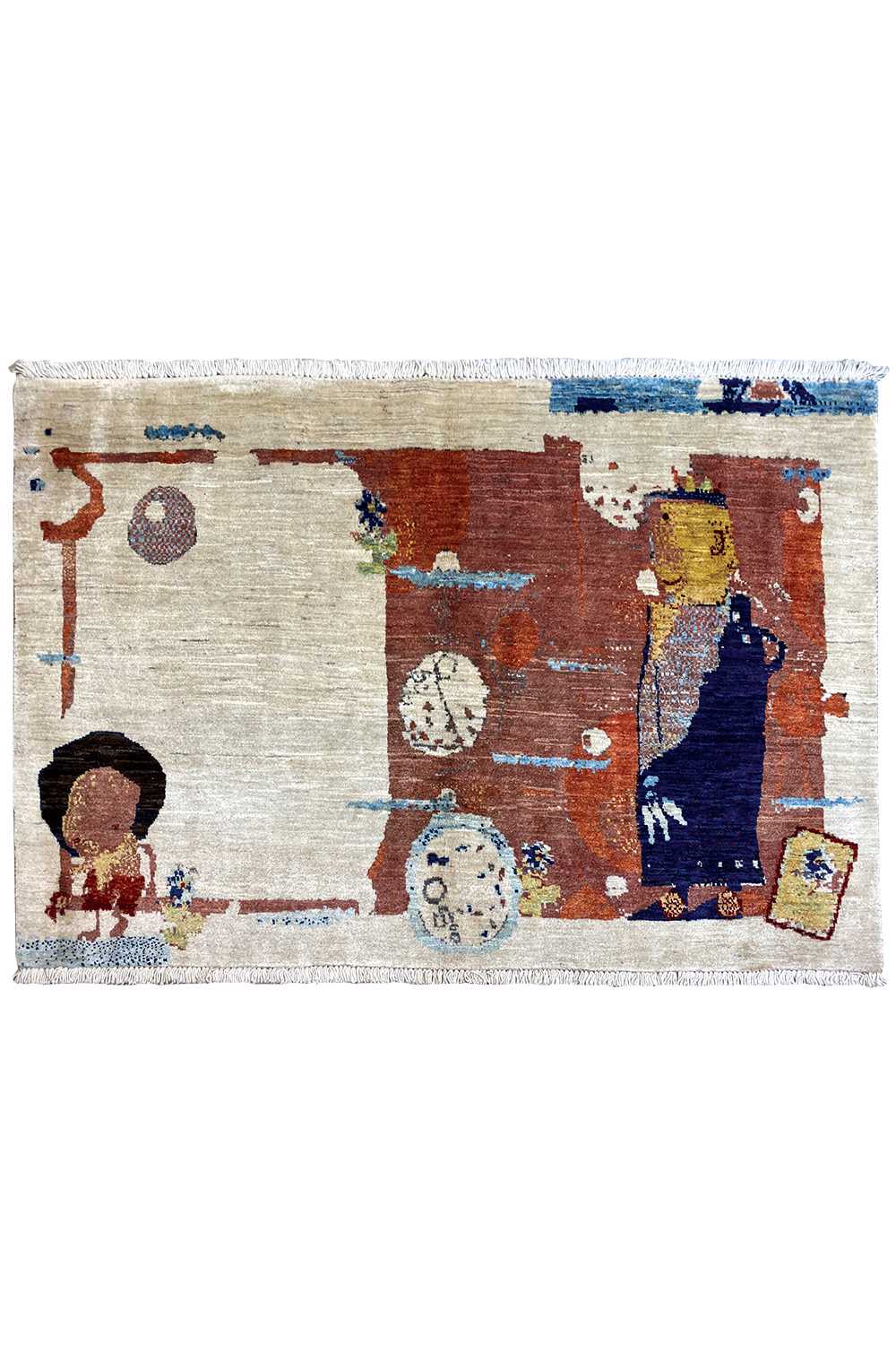 Oriental rug 150x100 cm rectangular, figurative motifs in blue, brown, and beige