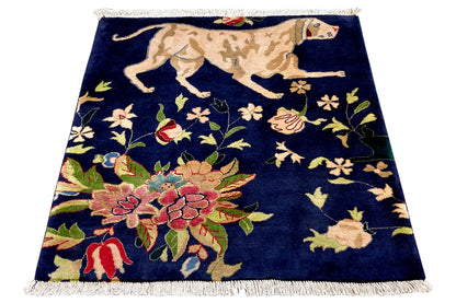 Decorative rug 65x61 cm, dark blue, fringes, floral and bird motifs