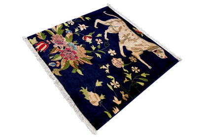 Decorative rug 65x61 cm, dark blue, slanted, floral and dog motif, fringes