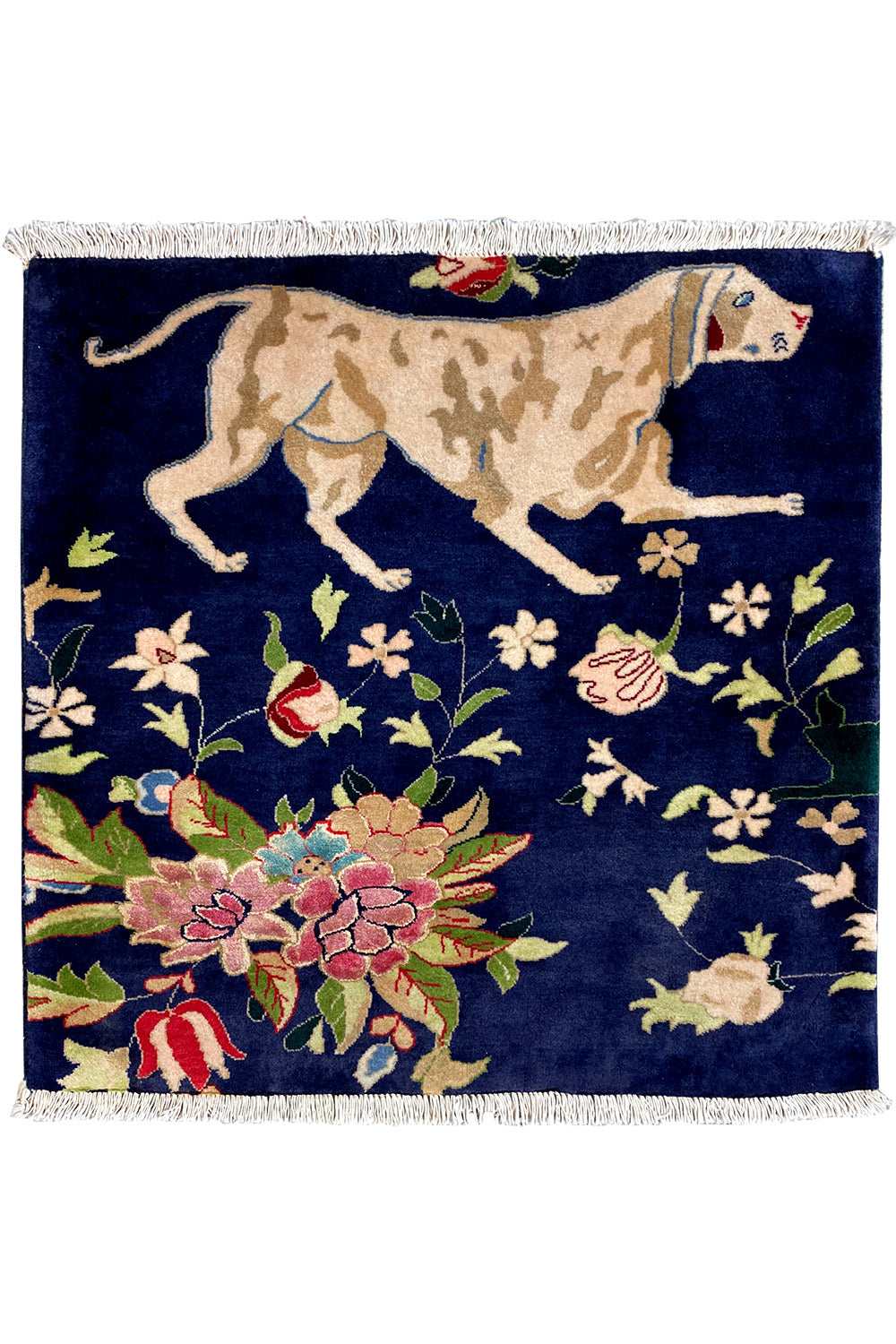 Decorative rug 65x61 cm, dark blue with fringes, dog and flower design
