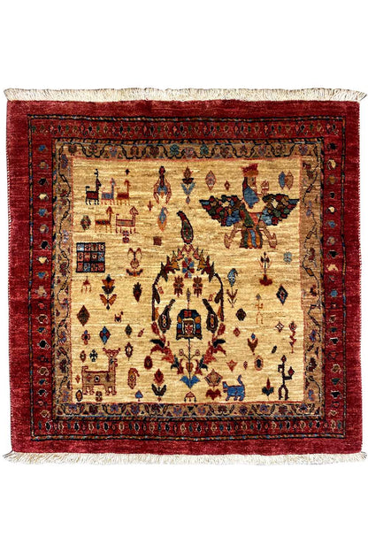 Oriental rug with a beige field, red border, and central medallion, laid flat.