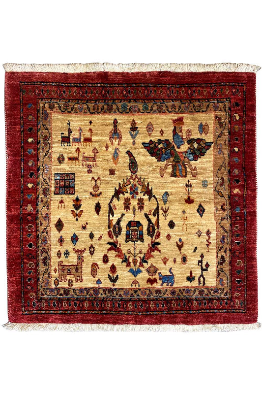 Oriental rug with a beige field, red border, and central medallion, laid flat.
