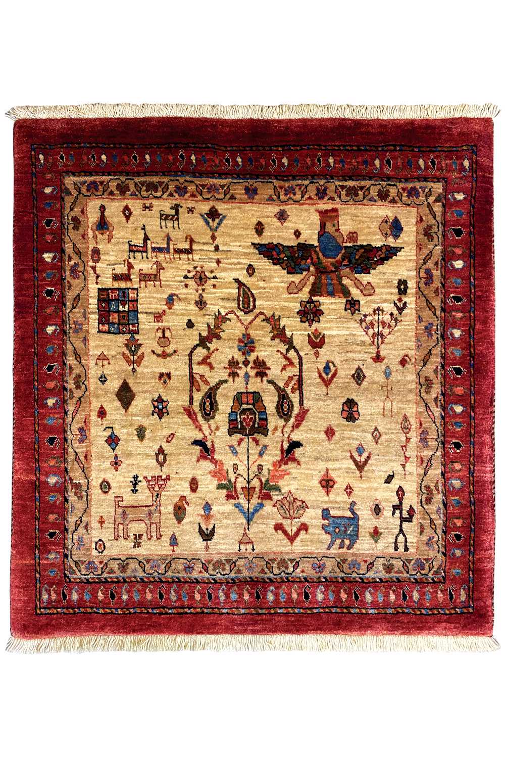 Square rug with a red border, beige background, and symmetrical ornamental pattern.