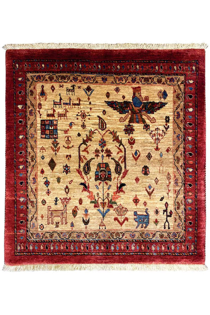 Square rug with a red border, beige background, and symmetrical ornamental pattern.
