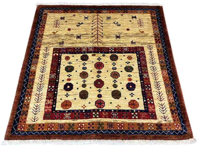 Oriental rug with a geometric ornamental pattern, cream with shades of red, blue, and green