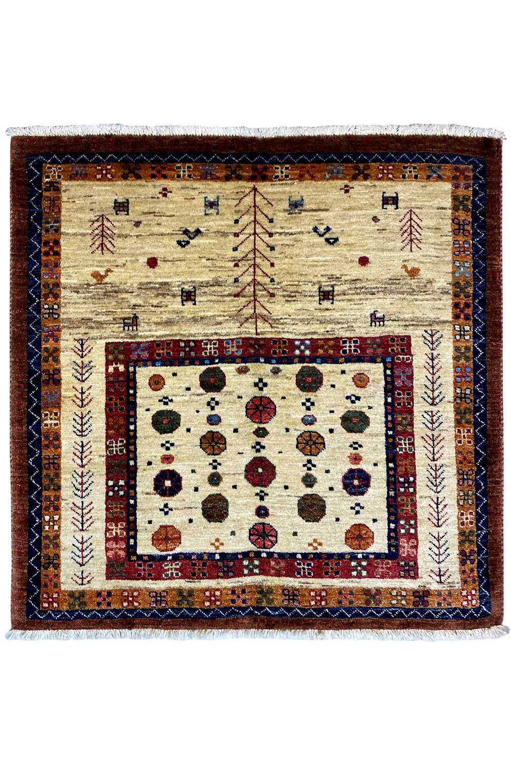 Beige Oriental rug with red and blue border trim and a central pattern