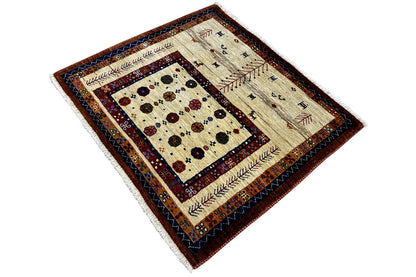 Rug spread out, beige field with ornamental borders in blue and red