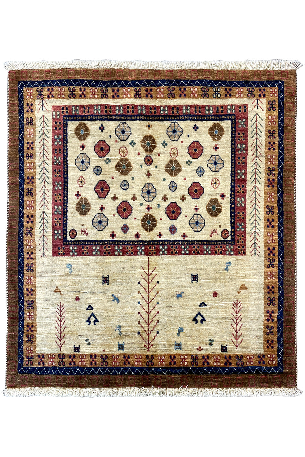 Rectangular rug with a cream-colored central medallion and blue-red ornamentation