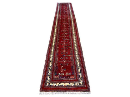 Oriental runner rug with a red border design and multicolored medallion