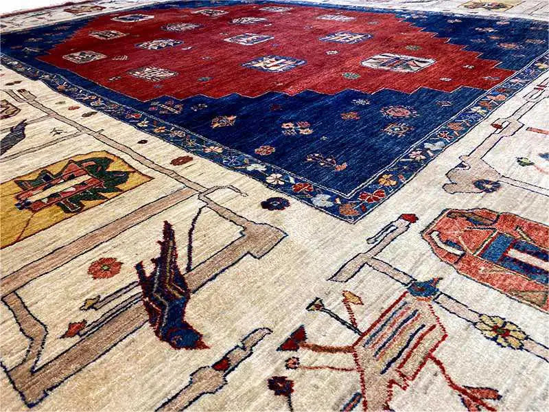 Carpet detail with many small motifs in white, blue and red
