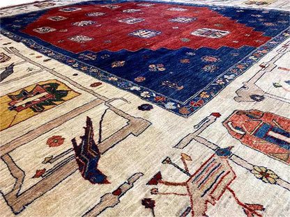 Carpet detail with many small motifs in white, blue and red