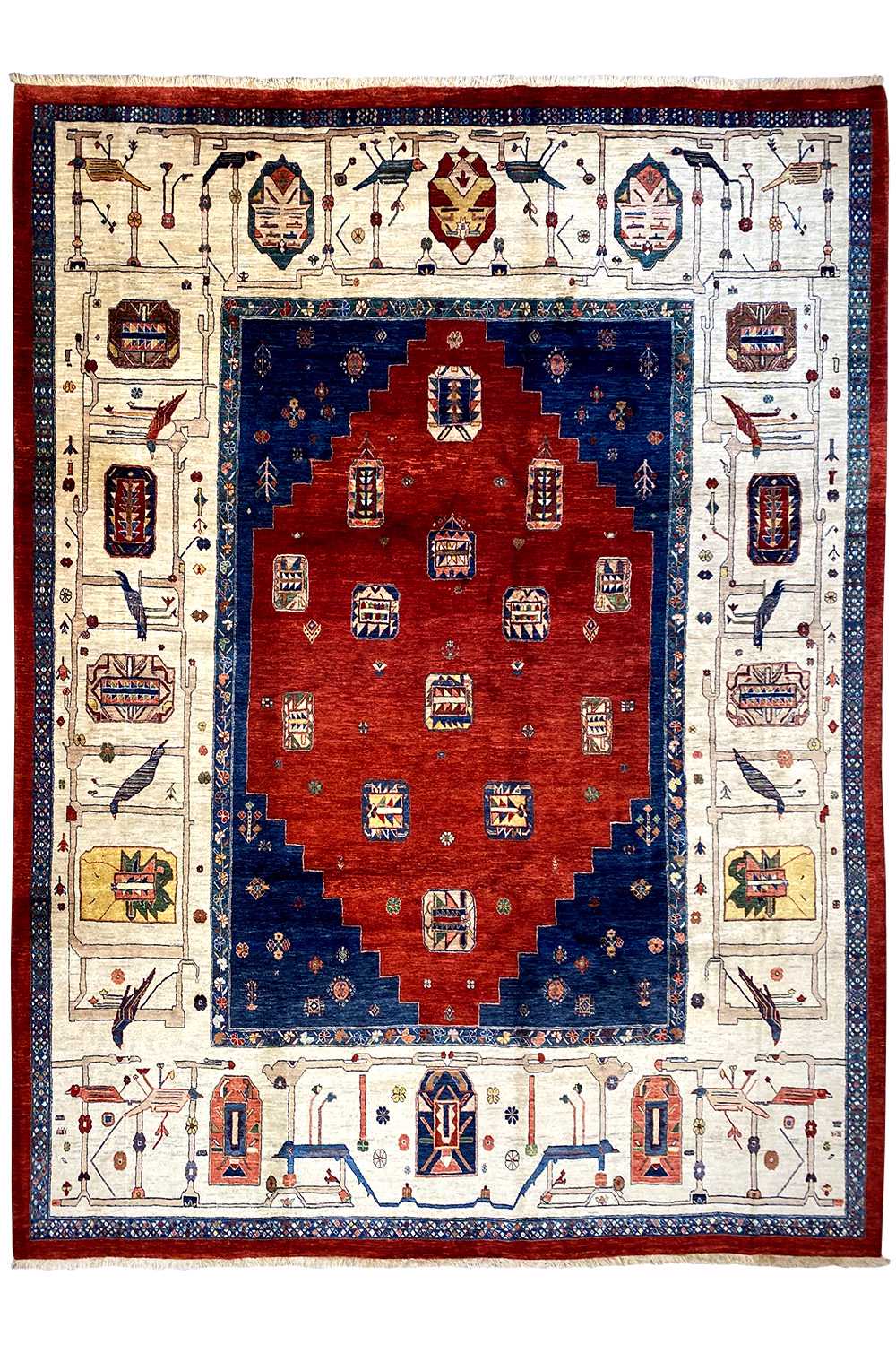 Oriental rug, frontal view: red central medallion on blue, white border motifs