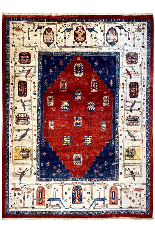 Oriental rug, frontal view: red central medallion on blue, white border motifs