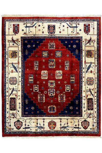 Rug with a red central field, blue border, and multicolored, symmetrical ornaments