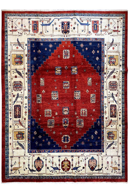 Square oriental rug: red center, dark blue border, cream ornamental edging