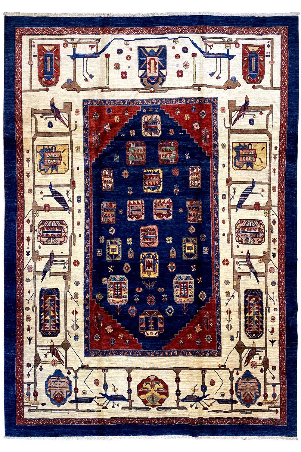 Classic rug with a red inner medallion, blue center, and beige border