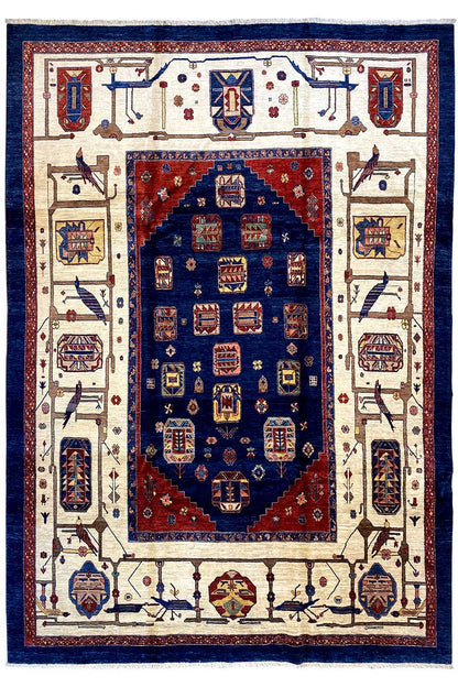 Classic rug with a red inner medallion, blue center, and beige border