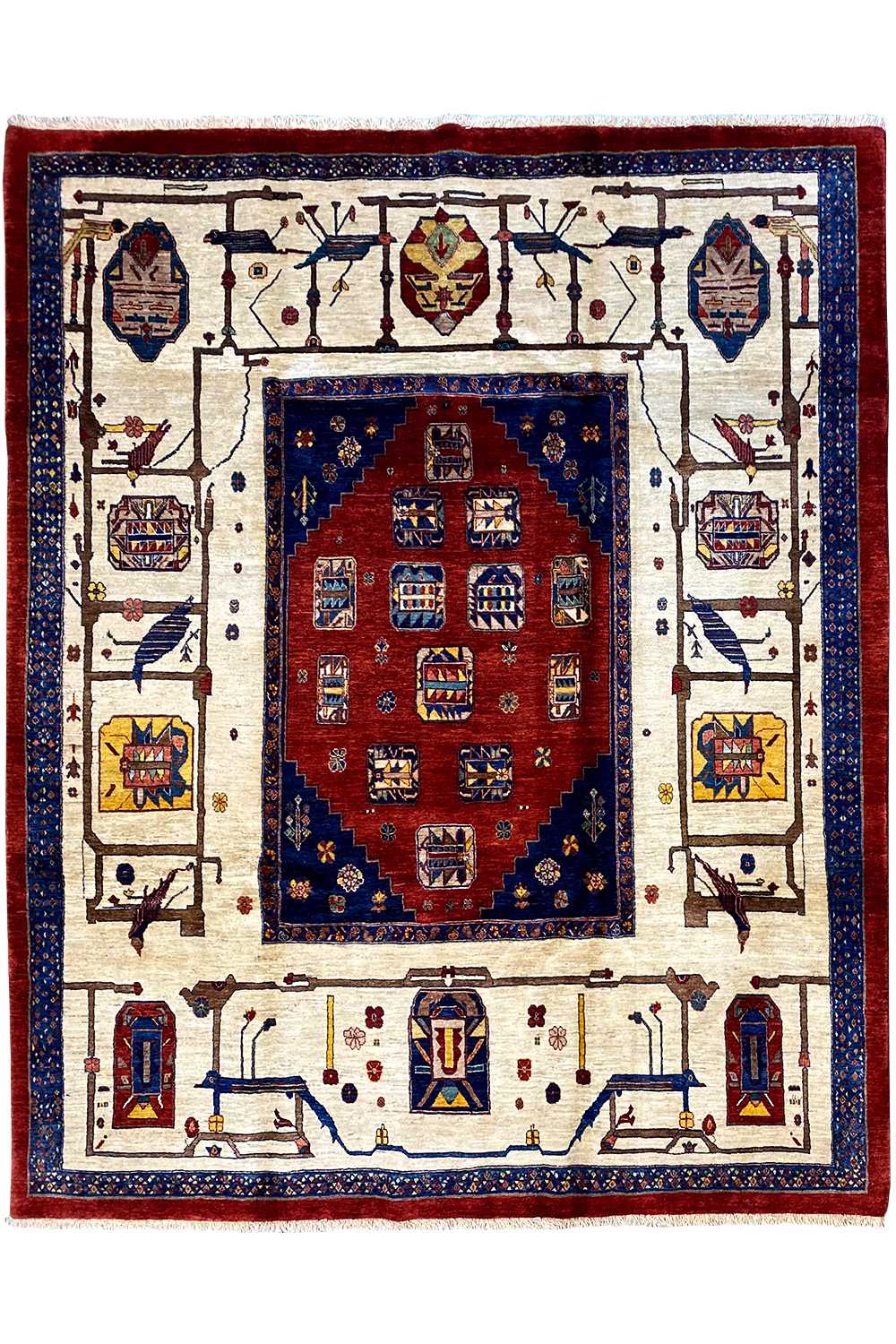 Square rug with a red central medallion and blue border pattern on a cream-colored background