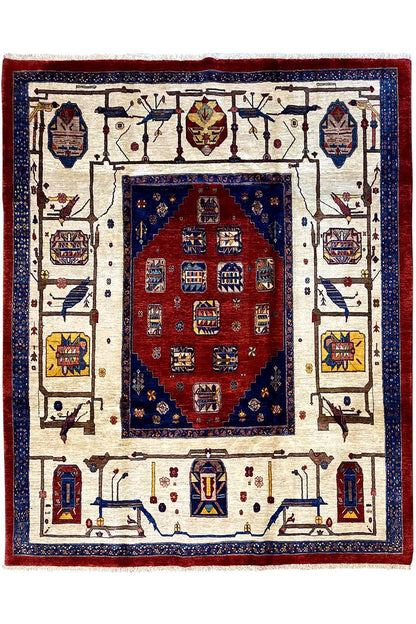 Square rug with a red central medallion and blue border pattern on a cream-colored background