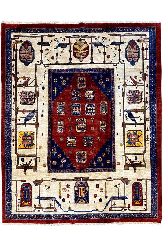 Square rug with a red central medallion and blue border pattern on a cream-colored background