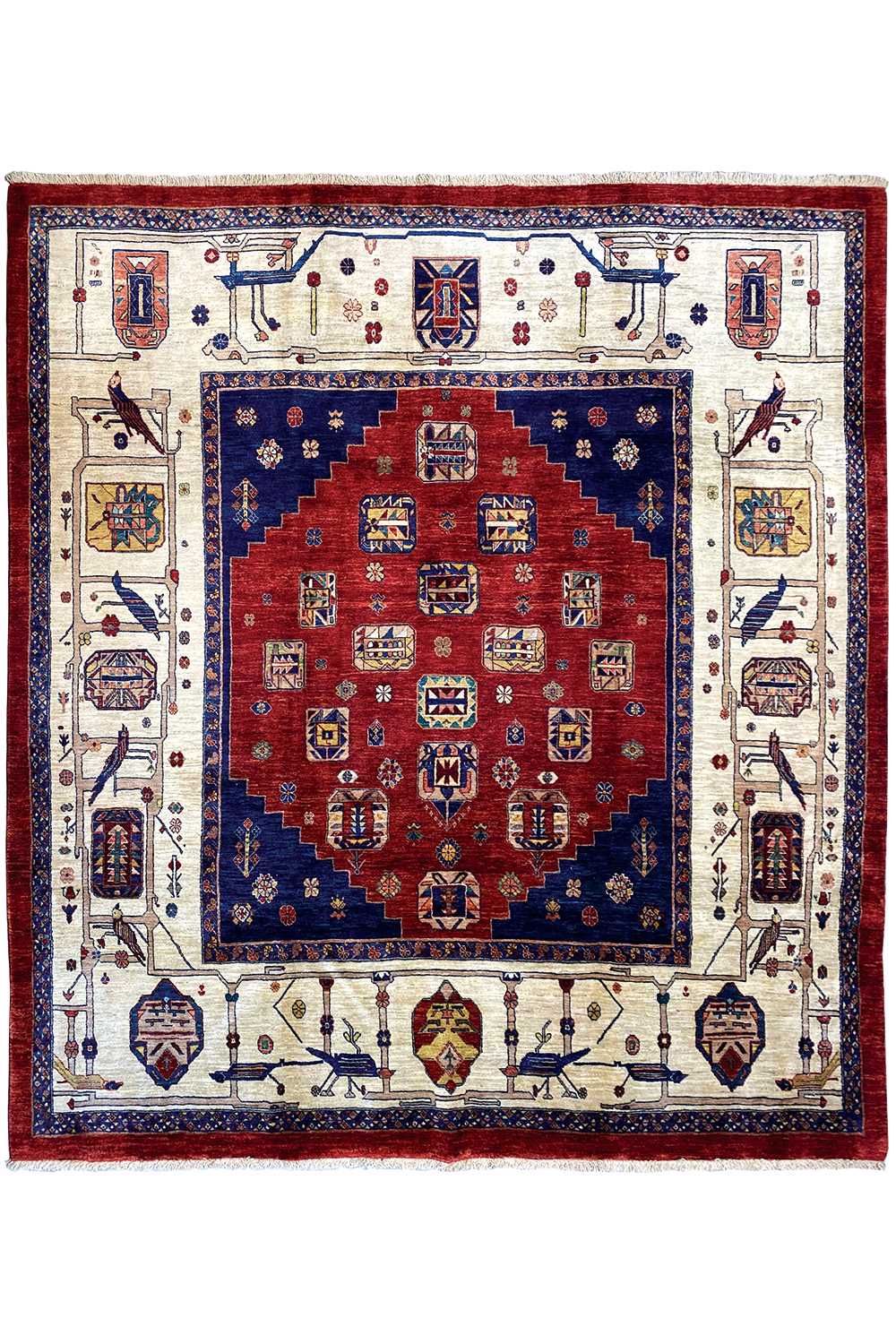 Classic Qashqai rug in red and blue with a central medallion and corner ornaments
