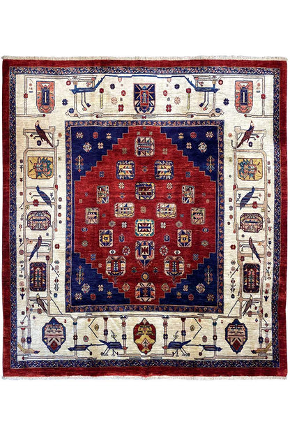 Classic Qashqai rug in red and blue with a central medallion and corner ornaments