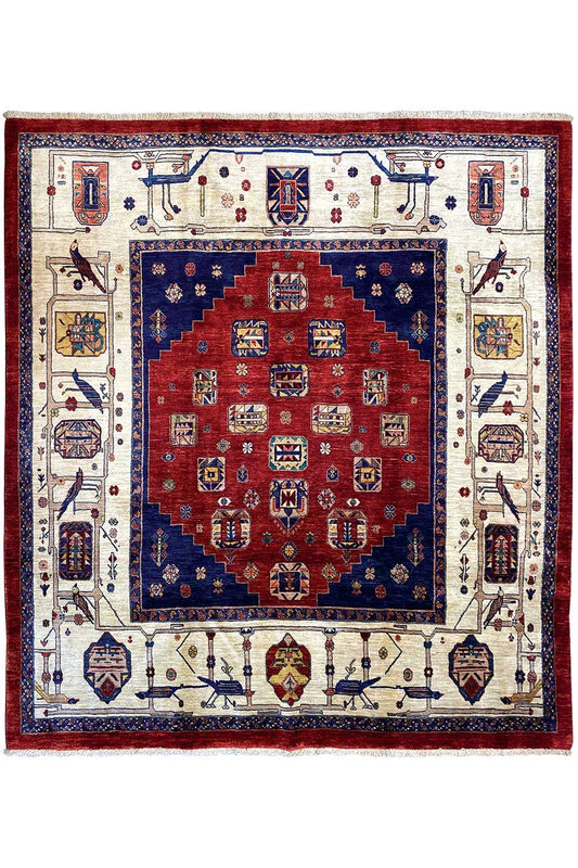 Classic Qashqai rug in red and blue with a central medallion and corner ornaments