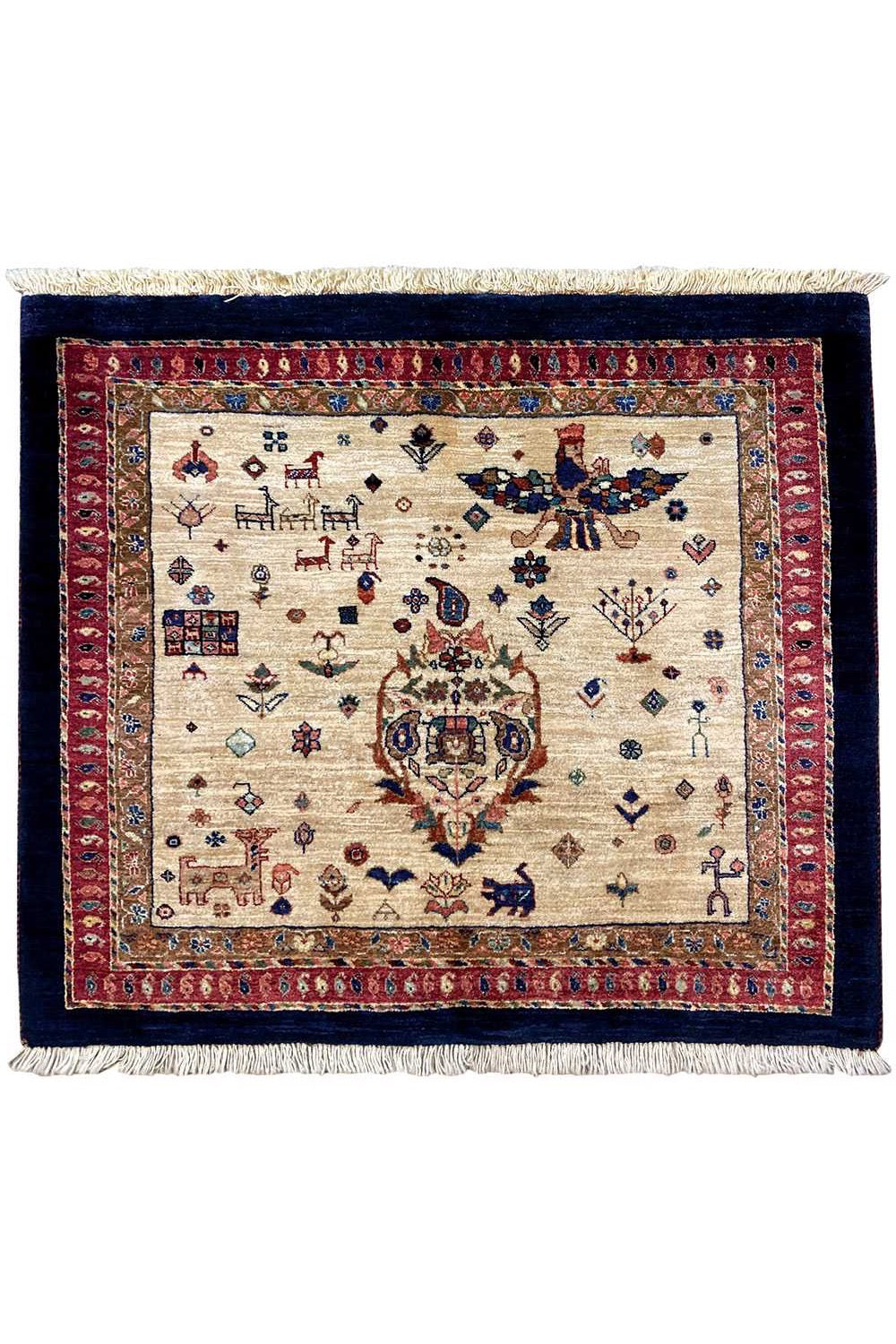 Square Oriental rug with a beige field, red border and dark edging.