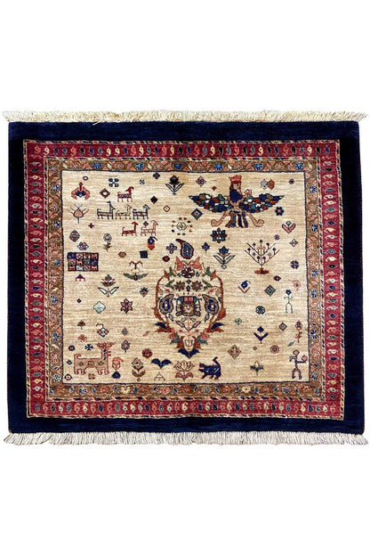 Square Oriental rug with a beige field, red border and dark edging.