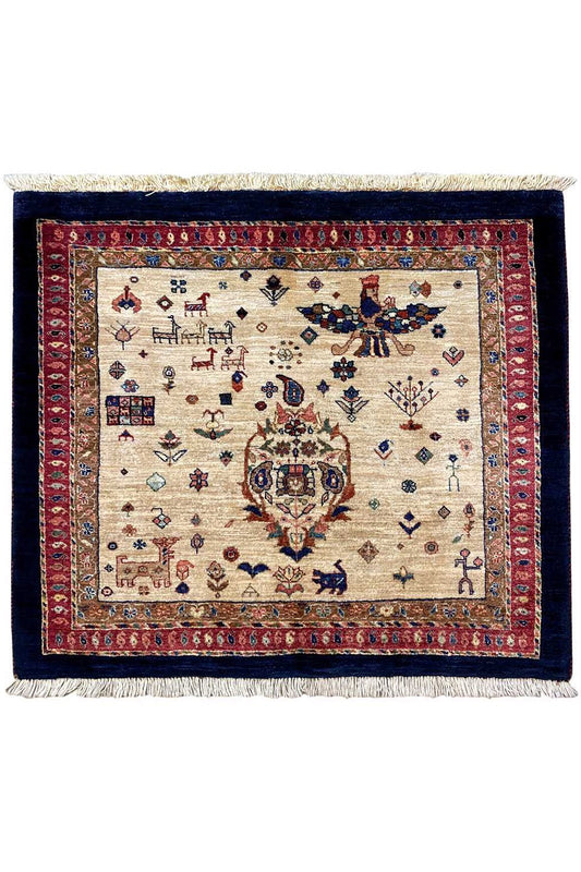 Square Oriental rug with a beige field, red border and dark edging.