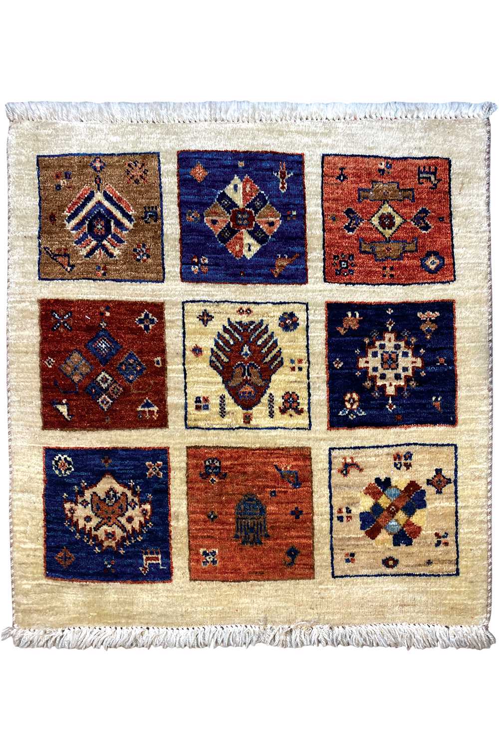 Qashqai exclusive rug, square design with ornamental panels and fringes