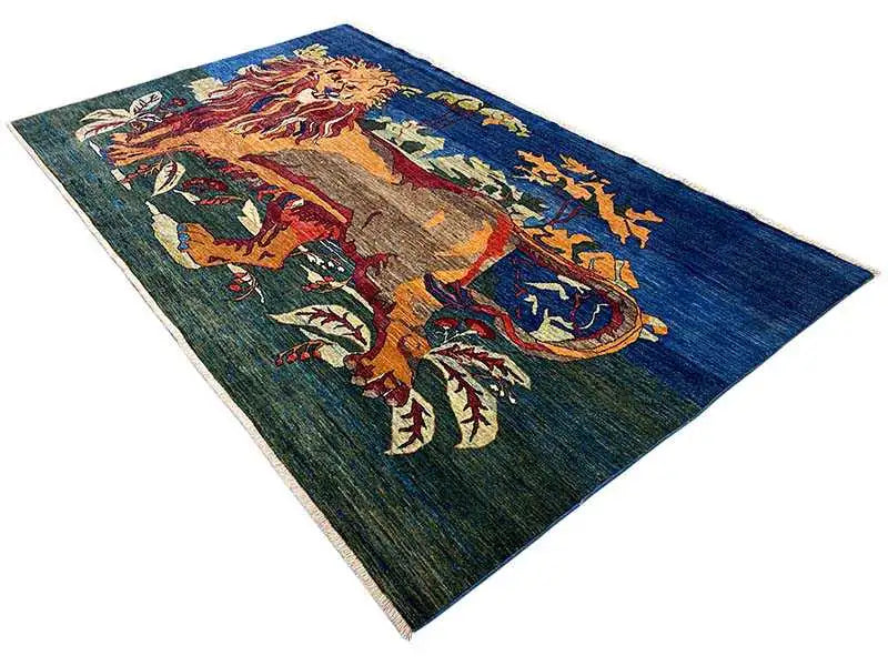 Dark green-blue oriental rug with animal and floral motifs, rectangular