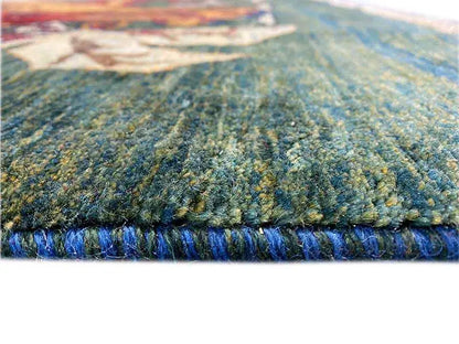 Rug surface with a dense texture and blue fringes along the edge