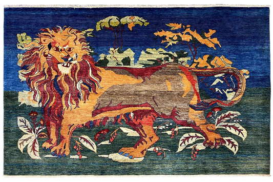 Oriental rug with lion motif, central stripe, and multicolored border edge