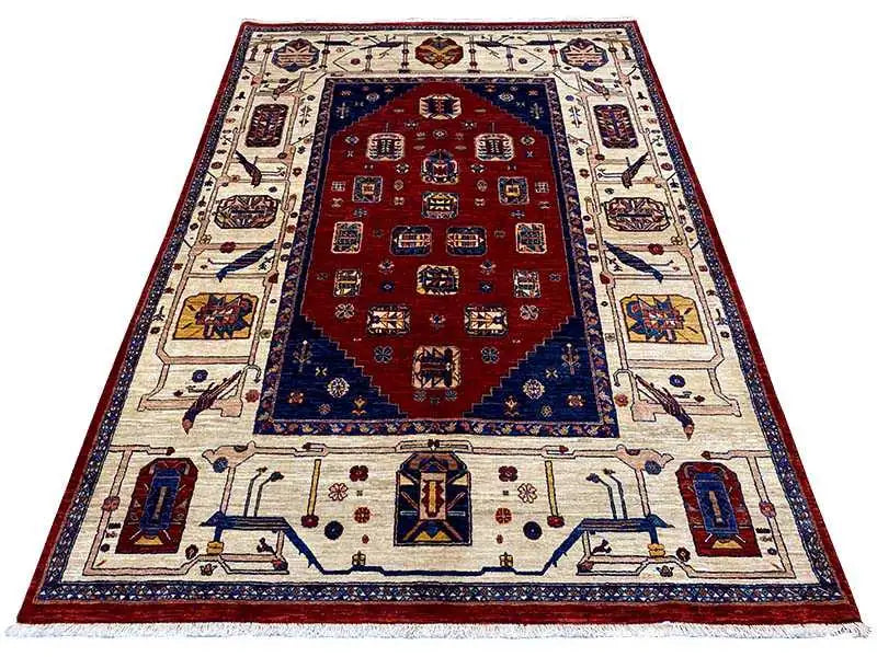 Oriental rug with a red medallion, blue border, and beige ornaments, rectangular