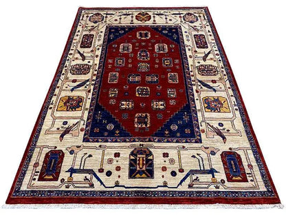 Oriental rug with a red medallion, blue border, and beige ornaments, rectangular